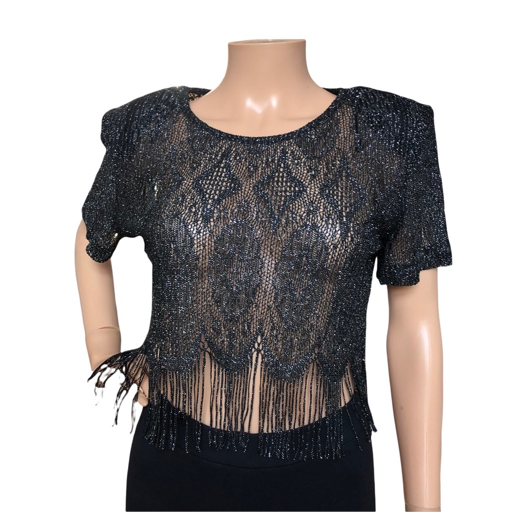 Vintage Dress Barn Black Lace Crop Fringe Blouse 8 - Picture 7 of 8